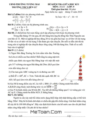 Đề Thi Giữa Học Kỳ 1 Môn Toán Lớp 9 Năm Học 2025-2026 Trường THCS Đền Lừ (Kèm Đáp Án Chi Tiết)