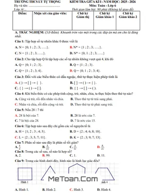 Đề thi giữa học kỳ 1 Toán 6 năm 2025 – 2026 trường THCS Lý Tự Trọng – Đà Nẵng (có đáp án)