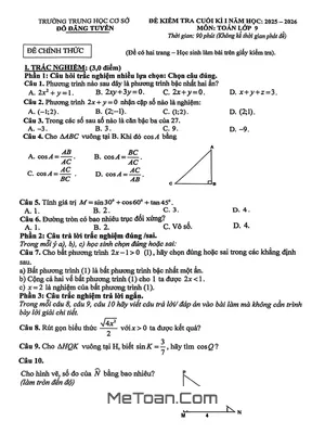 Đề thi cuối học kì 1 Toán 9 năm học 2025 – 2026 trường THCS Đỗ Đăng Tuyển – Đà Nẵng