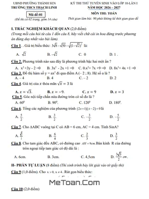 Đề Thi Thử Lớp 10 Môn Toán Năm 2026-2027: THCS Thạch Linh, Hà Tĩnh - Lần 1