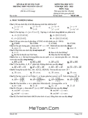 Đề thi học kỳ 1 Toán 10 năm 2022 - 2023 trường THPT Nguyễn Văn Cừ - Quảng Nam (có đáp án)