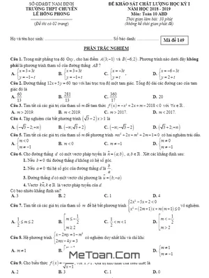 Đề thi HK1 Toán 10 năm 2018 - 2019 trường THPT chuyên Lê Hồng Phong - Nam Định