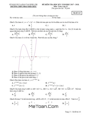 Đề thi HKI Toán 12 năm học 2017 - 2018 trường THPT Phan Bội Châu - Đắk Lắk