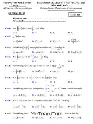Đề thi giữa kì 2 Toán 12 năm 2022-2023 trường THPT Marie Curie - TP.HCM