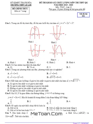 Đề KSCL Toán 12 THPT Quốc Gia 2020 trường THPT Lê Lợi - Thanh Hóa