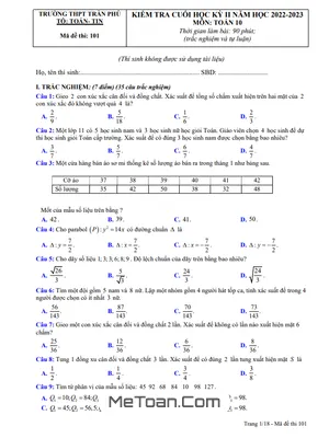 Đề Thi Cuối Kỳ 2 Toán 10 Năm 2022-2023 Trường THPT Trần Phú - Phú Yên