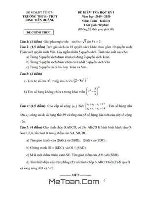 Đề thi HK1 Toán 11 năm 2019 - 2020 trường THPT Đinh Tiên Hoàng - TP HCM