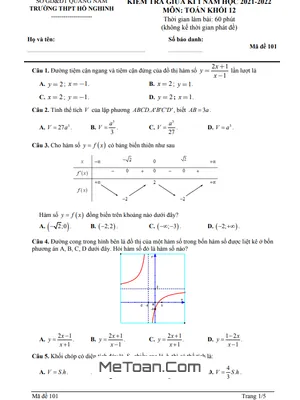 Đề thi giữa kì 1 Toán 12 năm 2021 - 2022 trường THPT Hồ Nghinh - Quảng Nam