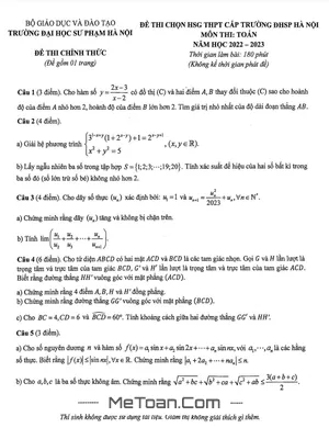 Đề chọn HSG Toán THPT năm 2022 - 2023 trường Đại học Sư Phạm Hà Nội