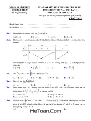 Đề khảo sát Toán thi tốt nghiệp THPT 2023 lần 2 - Sở GD&ĐT Vĩnh Phúc