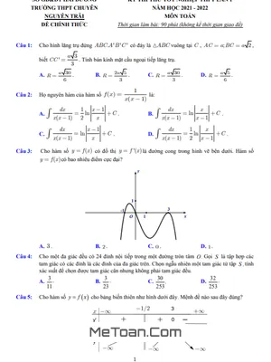 Đề thi thử Toán TN THPT 2022 lần 1 trường chuyên Nguyễn Trãi - Hải Dương