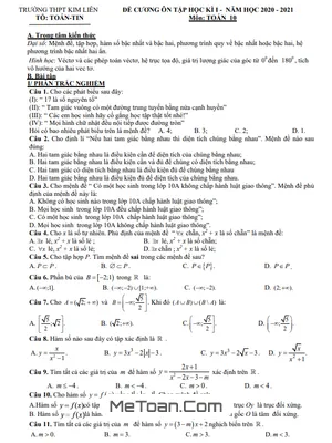 Đề Cương Ôn Tập Học Kỳ 1 Toán 10 Năm 2020 - 2021 Trường THPT Kim Liên - Hà Nội