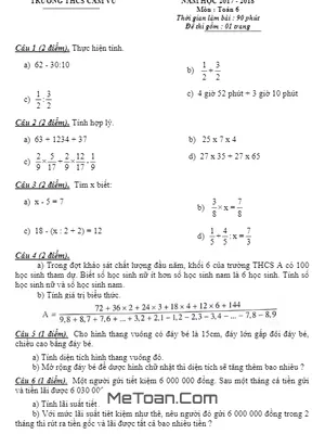 Đề KSCL Đầu Năm Môn Toán Lớp 6 Trường THCS Cẩm Vũ - Hải Dương Năm 2017-2018