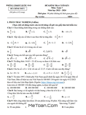 Đề thi học kì 1 Toán 7 năm 2023 - 2024 phòng GD&ĐT Quốc Oai - Hà Nội