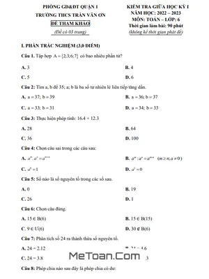 Đề Tham Khảo Giữa Học Kỳ 1 Toán 6 Năm 2022 - 2023 Trường THCS Trần Văn Ơn - TP HCM