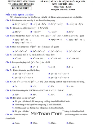 Đề thi giữa kì 1 Toán 8 năm 2023 - 2024 trường THCS Yên Phong - Nam Định