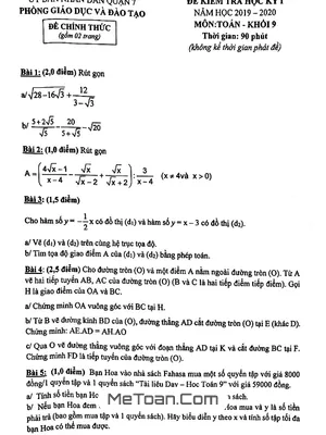 Đề thi học kỳ 1 Toán 9 năm 2019 - 2020 phòng GD&ĐT Quận 7 - TP HCM