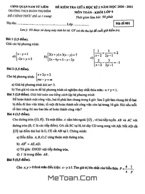 Đề thi giữa kì 2 Toán 9 năm 2020-2021 trường THCS Đoàn Thị Điểm - Hà Nội