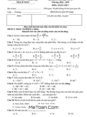 Đề Thi Học Kì 2 Môn Toán Lớp 7 Năm 2023 - 2024 Phòng GD&ĐT Thạch Thất - Hà Nội