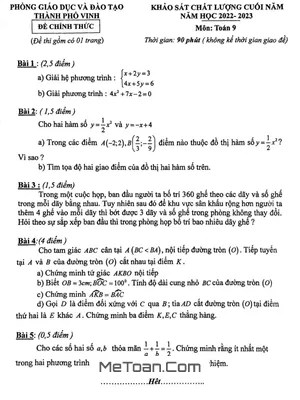 Đề KSCL Toán 9 Cuối Năm 2022-2023 Phòng GD&ĐT Thành Phố Vinh - Nghệ An