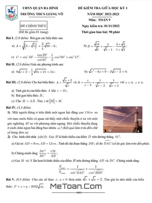 Đề Thi Giữa Kỳ 1 Toán 9 Năm 2022 - 2023 Trường THCS Giảng Võ - Hà Nội