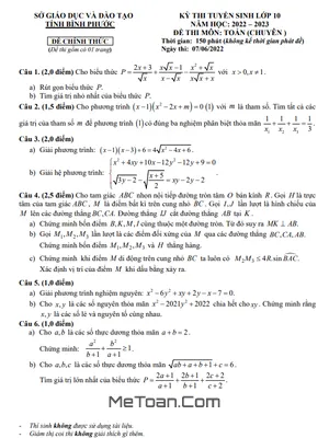 Đề thi tuyển sinh lớp 10 môn Toán (chuyên) năm 2022 - 2023 Sở GD&ĐT Bình Phước
