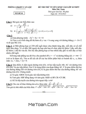 Đề thi thử Toán vào lớp 10 năm 2021 - 2022 phòng GD&ĐT Can Lộc - Hà Tĩnh
