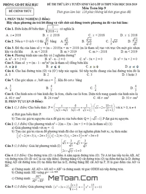 Đề thi thử vào lớp 10 môn Toán - Phòng GD&ĐT Hải Hậu - Nam Định (Lần 1 - Có đáp án)