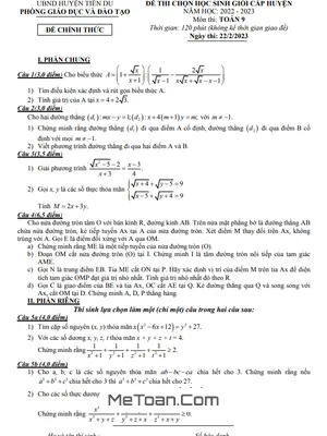 Đề thi học sinh giỏi huyện Toán 9 năm 2022 - 2023 phòng GD&ĐT Tiên Du - Bắc Ninh