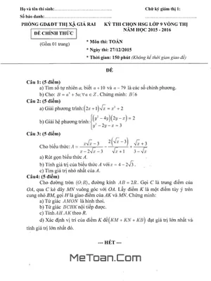Đề thi HSG Toán 9 năm 2015 - 2016 phòng GD&ĐT thị xã Giá Rai - Bạc Liêu