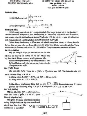 Đề khảo sát tháng 10 Toán 9 năm 2024 - 2025 trường THCS Nghĩa Tân - Hà Nội