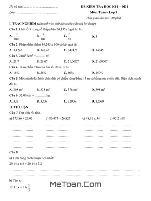 Đề Kiểm Tra Cuối Học Kì 1 Môn Toán Lớp 5 - Đề 1