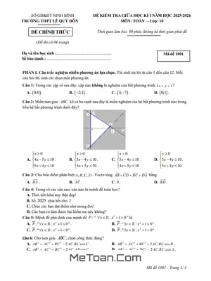 Đề thi Giữa Học Kỳ 1 Toán 10 Năm học 2025 - 2026 THPT Lê Quý Đôn, Ninh Bình (Kèm Đáp Án)