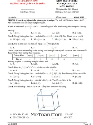 Đề Thi Cuối Học Kỳ 1 Toán 12 Năm 2025 – 2026 Trường THPT Quách Văn Phẩm – Cà Mau