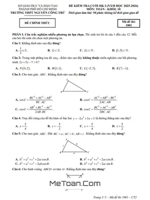 Đề Thi Cuối Học Kỳ 1 Toán 10 Năm Học 2025 - 2026 Trường THPT Nguyễn Công Trứ