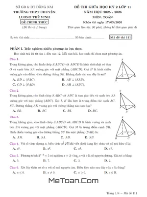 Đề giữa kỳ 2 Toán 11 năm 2025 – 2026 trường chuyên Lương Thế Vinh – Đồng Nai