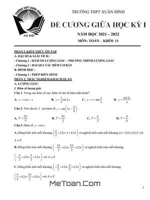 Đề Cương Ôn Tập Giữa Kì 1 Môn Toán Lớp 11 Năm 2021 - 2022 Trường THPT Xuân Đỉnh - Hà Nội