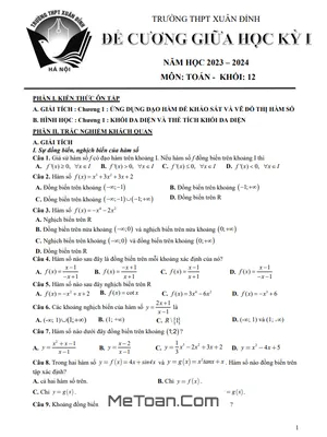 Đề Cương Ôn Tập Giữa Kỳ 1 Toán 12 Năm 2023 - 2024 Trường THPT Xuân Đỉnh - Hà Nội