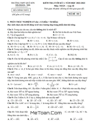 Đề thi học kỳ 1 Toán 10 năm 2022 - 2023 trường THPT Quế Sơn - Quảng Nam