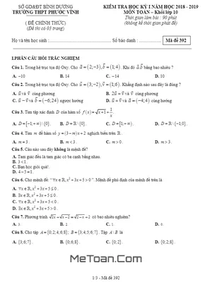 Đề thi học kỳ 1 Toán 10 năm 2018 - 2019 trường THPT Phước Vĩnh - Bình Dương