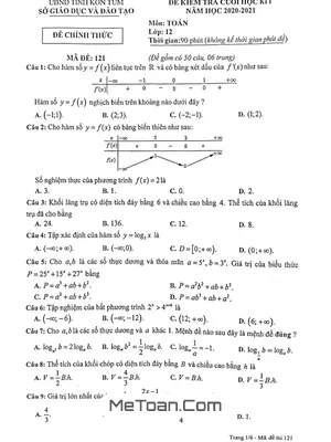 Đề thi HK1 Toán 12 năm 2020 - 2021 sở GD&ĐT Kon Tum - Trắc nghiệm