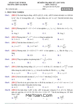 Đề thi HK1 Toán 12 năm 2017 - 2018 trường THPT Gia Định - TP. HCM (Có đáp án)