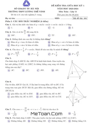 Đề Thi Giữa Kì 1 Toán 11 Năm 2023 - 2024 Trường Lương Thế Vinh - Hà Nội (Mã Đề 101)