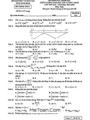 Đề khảo sát chất lượng Toán 12 lần 2 năm 2023 - 2024 Sở GD&ĐT Ninh Bình