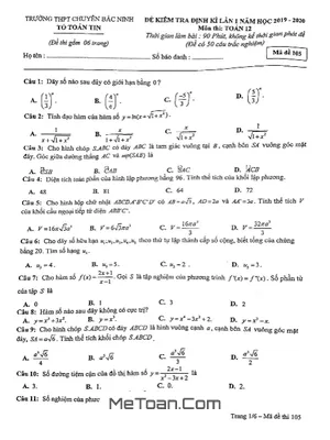 Đề kiểm tra định kì lần 1 Toán 12 năm 2019 - 2020 trường chuyên Bắc Ninh