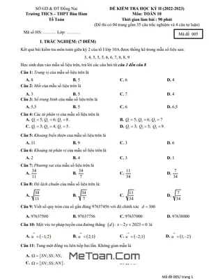 Đề thi học kỳ 2 Toán 10 năm 2022 - 2023 trường THCS - THPT Bàu Hàm - Đồng Nai
