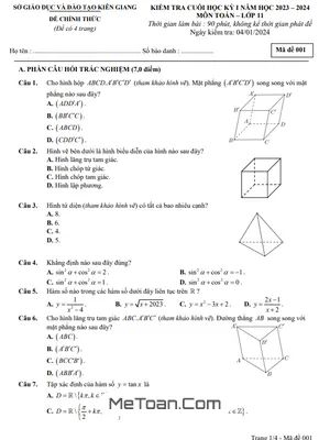 Đề thi Toán 11 Học Kỳ 1 năm 2023-2024 Sở GD&ĐT Kiên Giang (có đáp án)