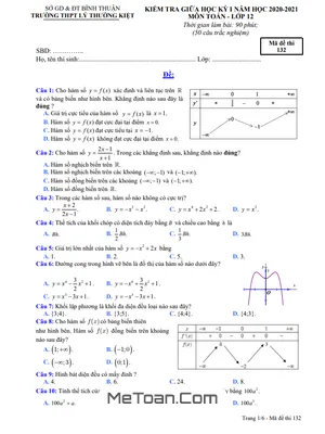 Đề thi giữa kì 1 Toán 12 năm 2020 - 2021 trường THPT Lý Thường Kiệt - Bình Thuận