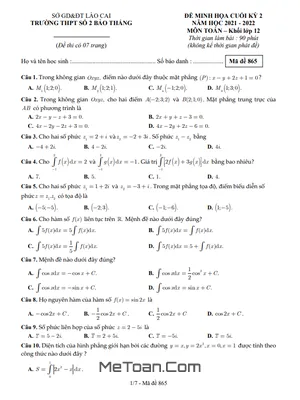 Đề Minh Họa Cuối Kỳ 2 Toán 12 Năm 2021 - 2022 Trường THPT Bảo Thắng 2 - Lào Cai