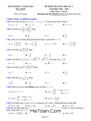 Đề thi giữa học kỳ 2 Toán 11 năm 2022 - 2023 sở GD&ĐT Bắc Ninh